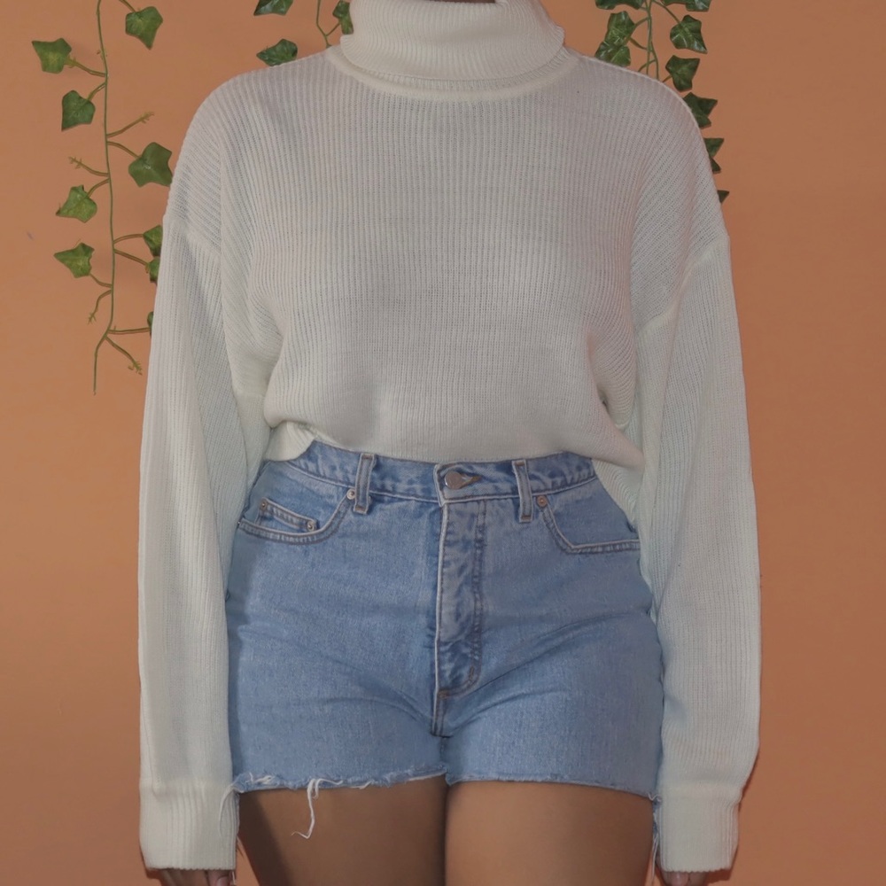 white oversized turtle neck crop sweater